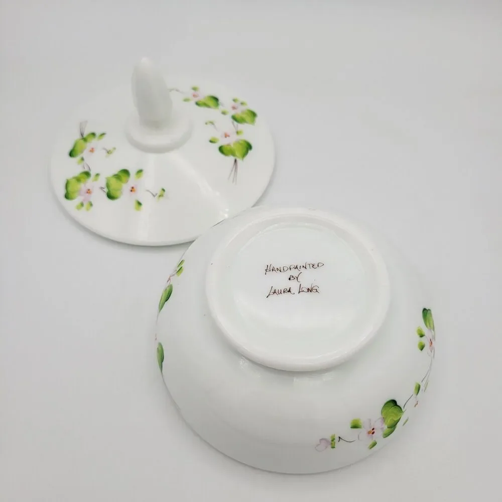 Vintage Fenton Pink Blossoms in the Snow Covered Candy Dish Painted Milk Glass